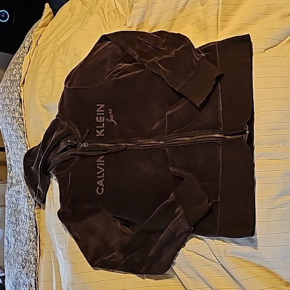 Calvin Klein Brown Velour Hoodie Jacket Size XL - Picture 3 of 12